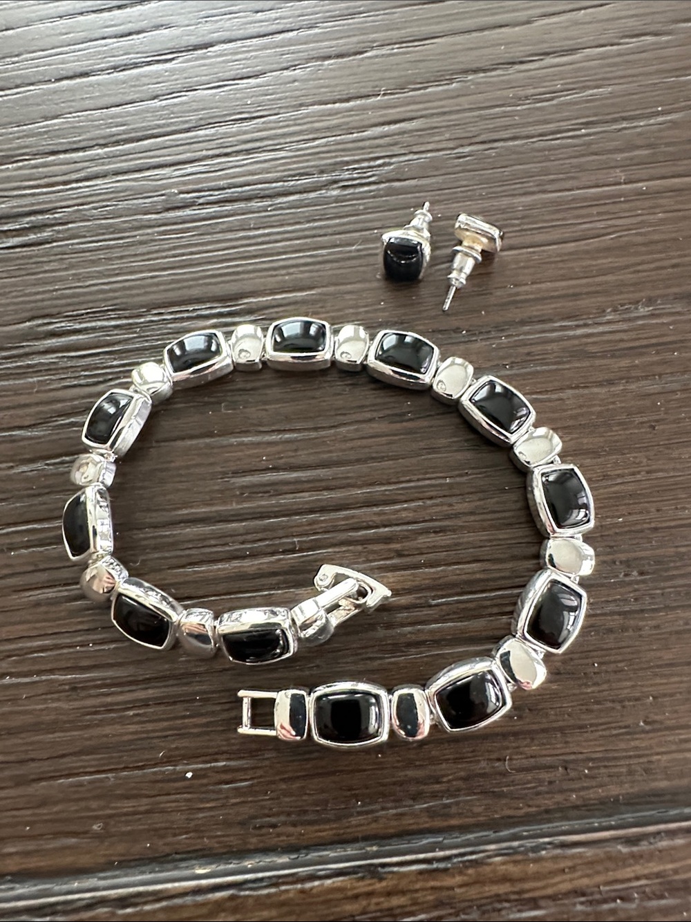 Liz Claiborne Silver-Tone Bracelet and Stud Earrings with Black Inset Stones